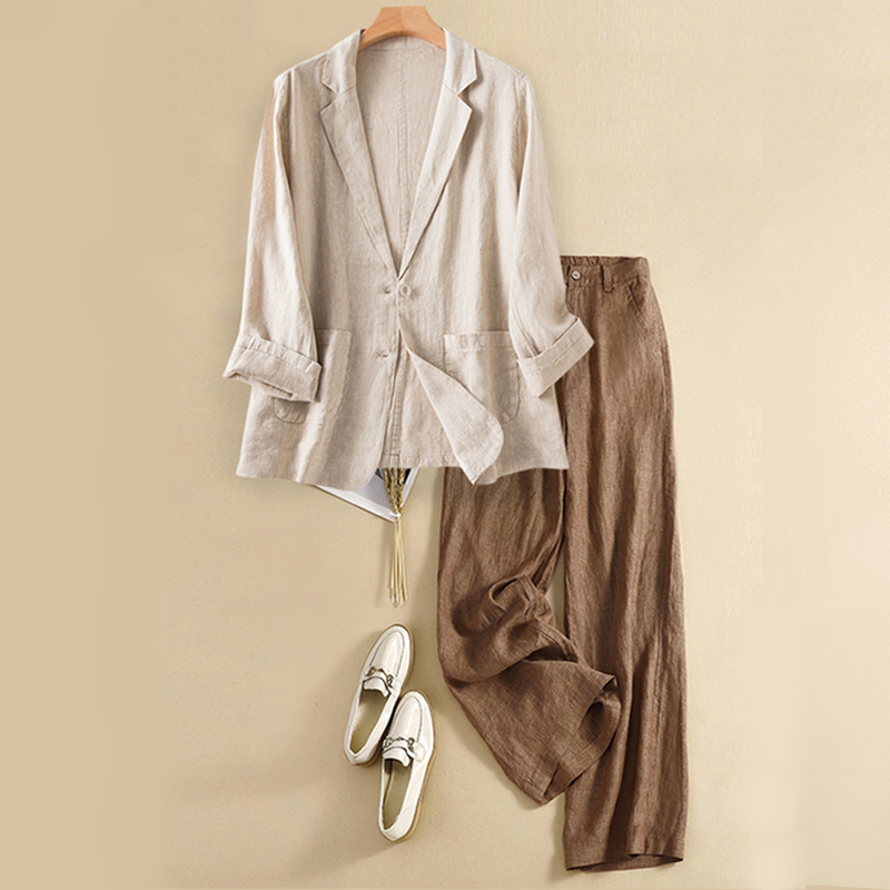 Linen suit top brown pants 2 PC Set