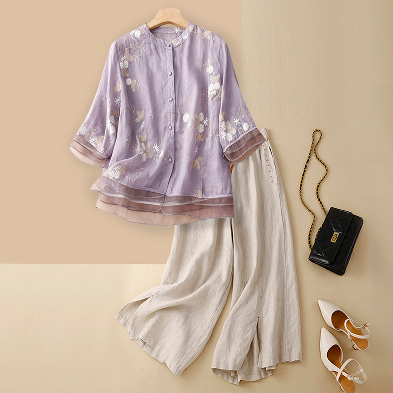Embroidered cotton linen blouse casual pants 2 PC Set