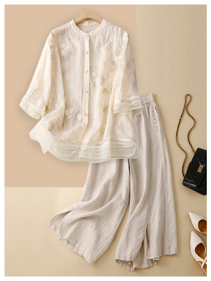 Embroidered cotton linen blouse casual pants 2 PC Set