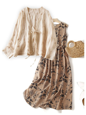 Lace-up cardigan print sleeveless dress 2PC set