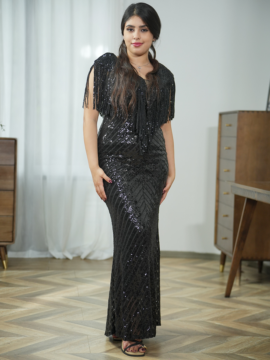 V-neck fringe sequin evening dress