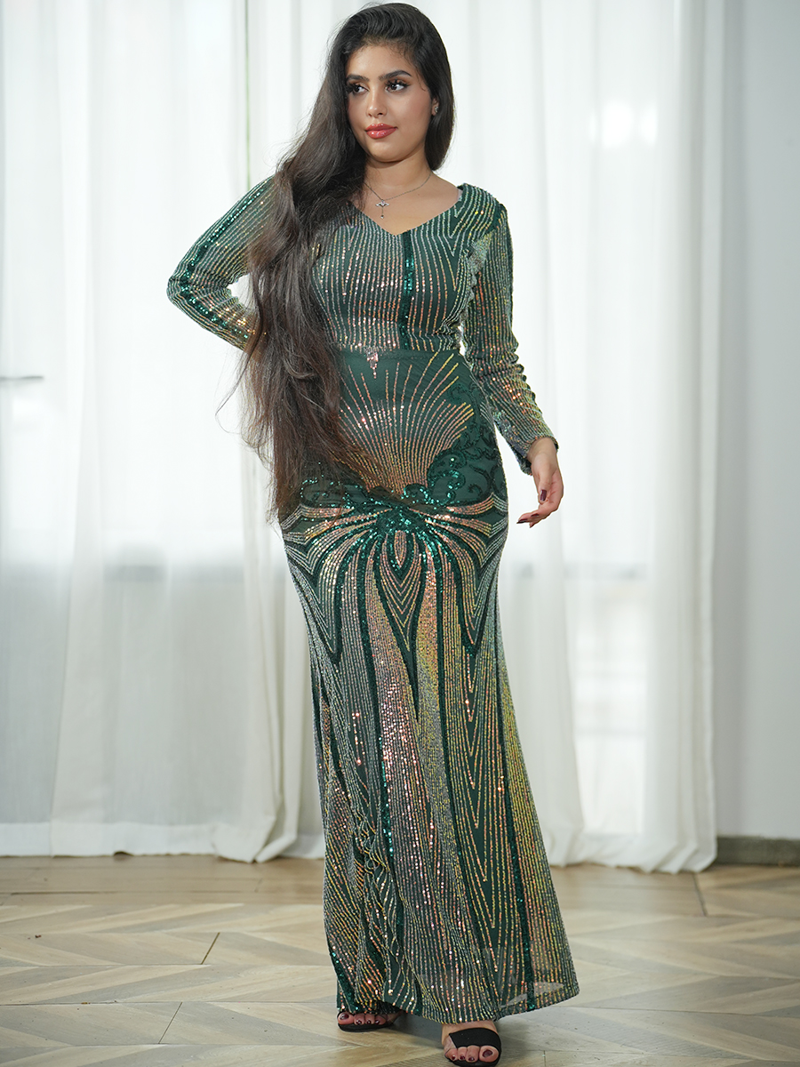 Long Sleeve Shiny V-Neck Evening Dresses