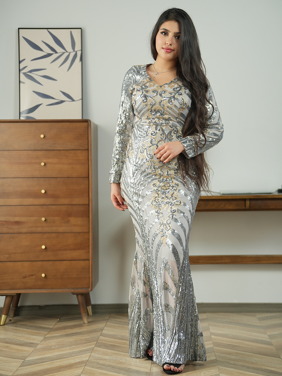 Long Sleeve Floral Glitter Evening Dress