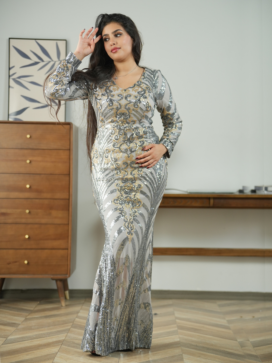 Long Sleeve Floral Glitter Evening Dress