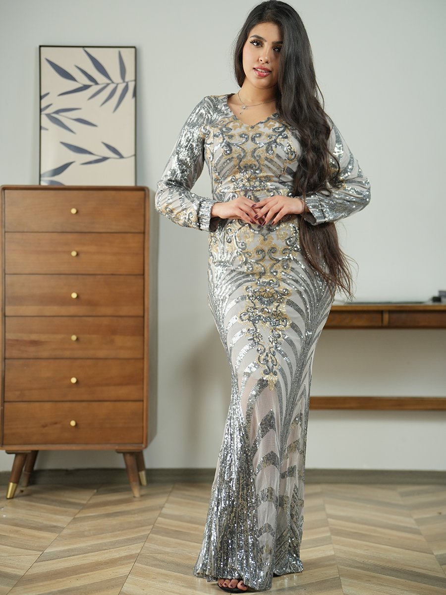 Long Sleeve Floral Glitter Evening Dress