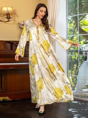 V Neck Floral Printed Satin Dress Kaftan