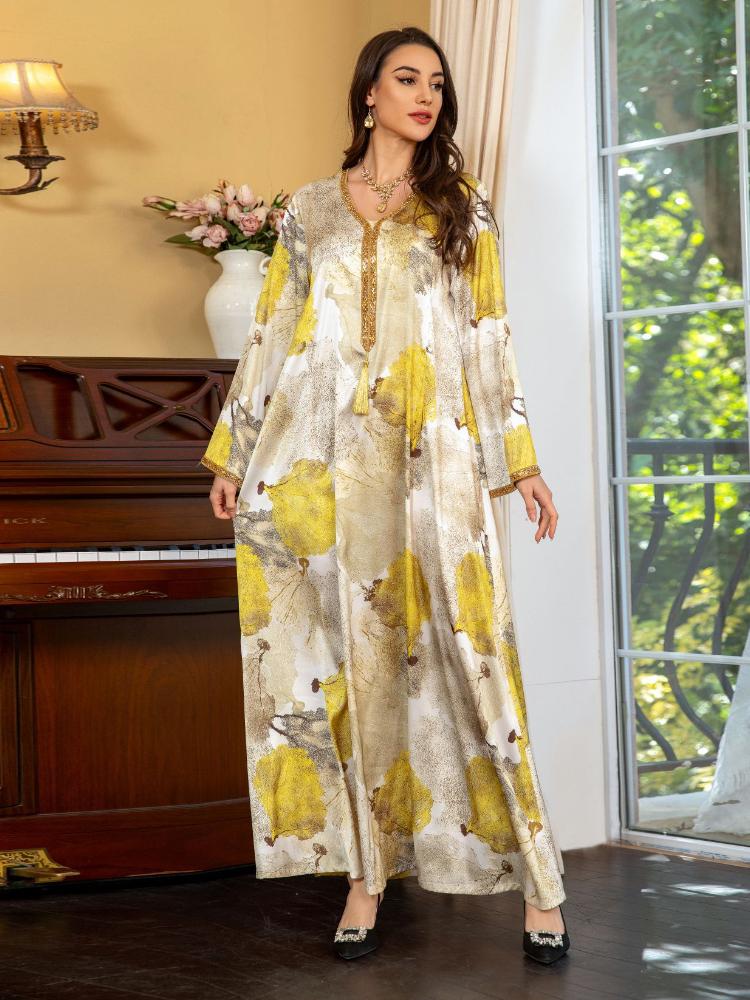 V Neck Floral Printed Satin Dress Kaftan