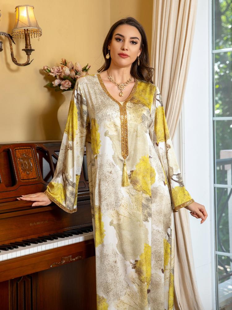 V Neck Floral Printed Satin Dress Kaftan