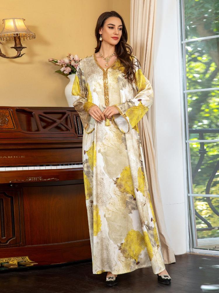 V Neck Floral Printed Satin Dress Kaftan