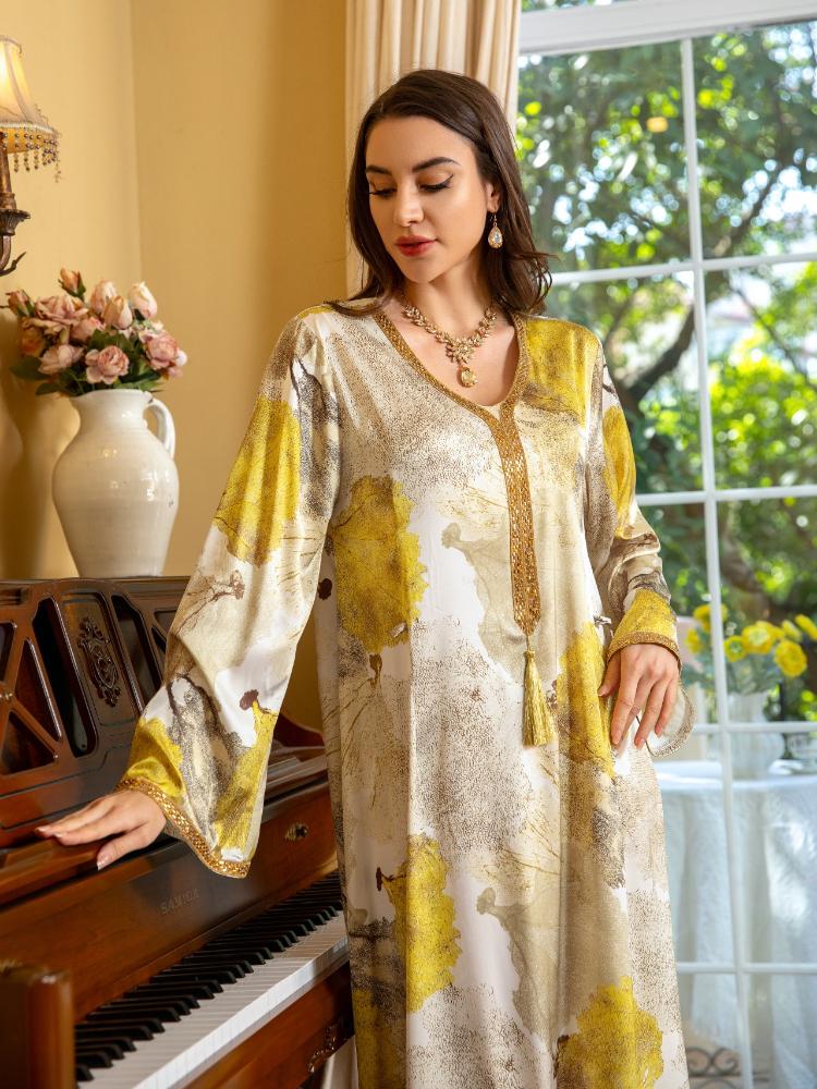 V Neck Floral Printed Satin Dress Kaftan