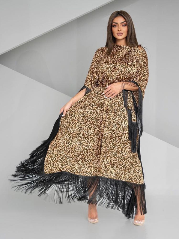 Fashion Batwing Sleeve Tassel Leopard Printed Kaftan