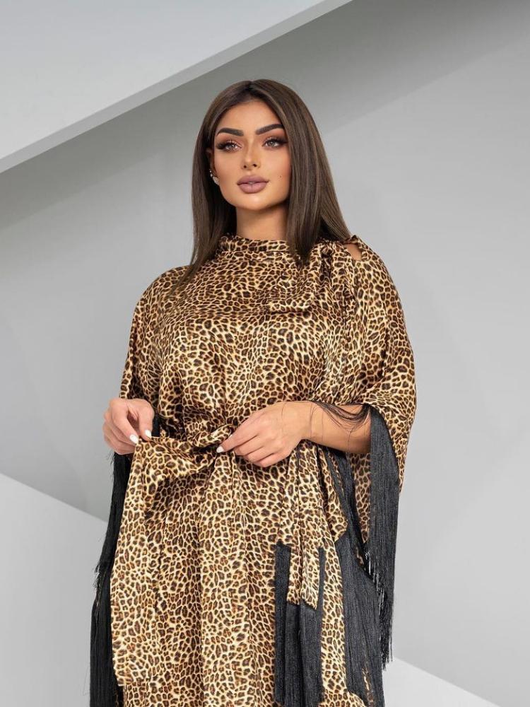 Fashion Batwing Sleeve Tassel Leopard Printed Kaftan