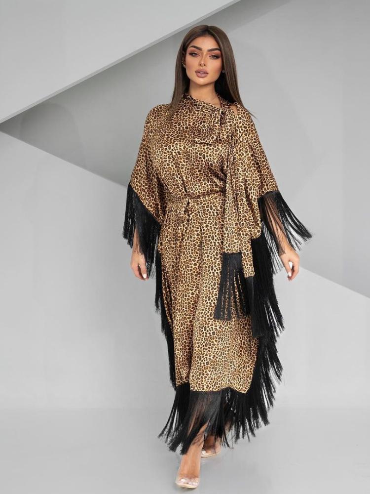 Fashion Batwing Sleeve Tassel Leopard Printed Kaftan