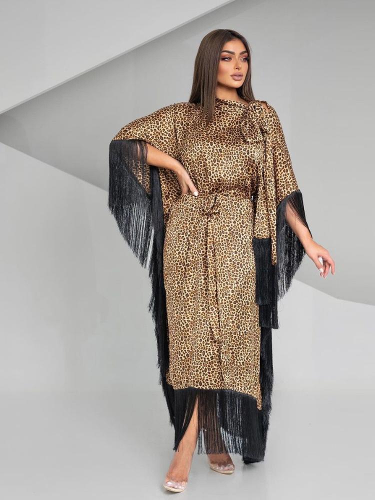 Fashion Batwing Sleeve Tassel Leopard Printed Kaftan