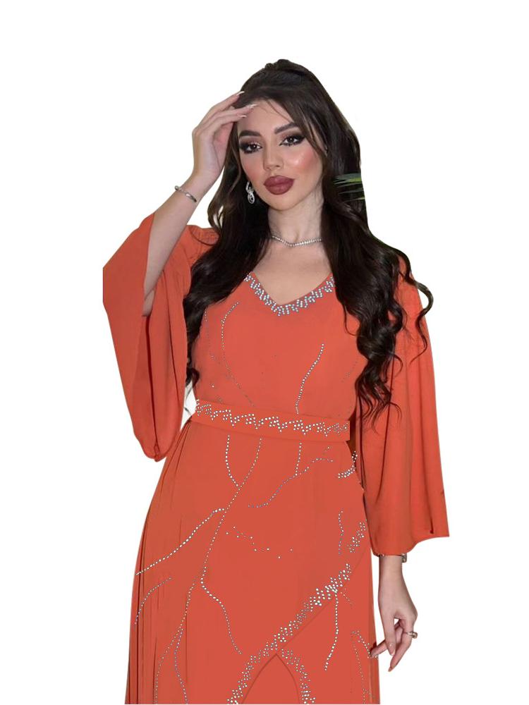 Rhinestone Chiffon Jalabiya Dress With Belt