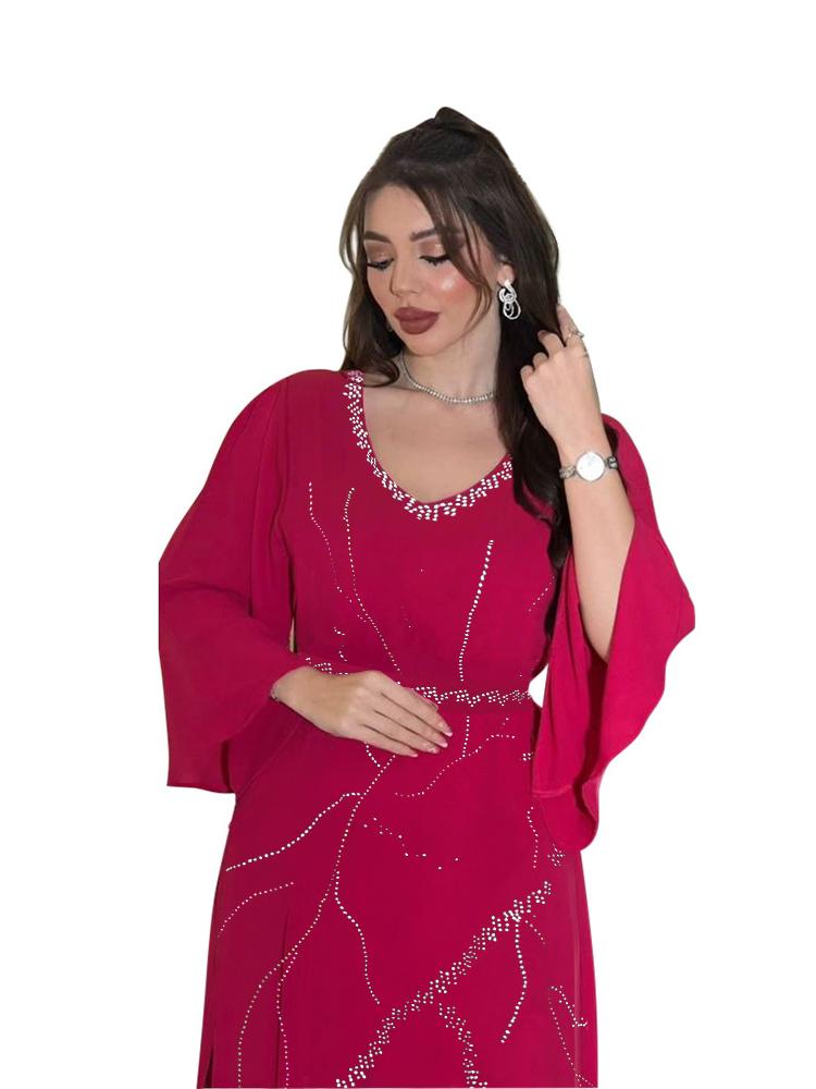 Rhinestone Chiffon Jalabiya Dress With Belt