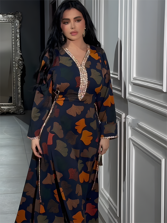 Diamond floral print dress with drawstring waist