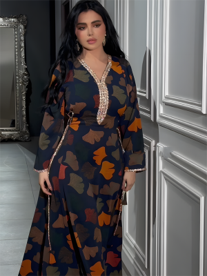 Diamond floral print dress with drawstring waist