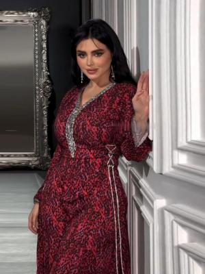 V-Neck Leopard Printed Rhinestones Robe Jalabiya