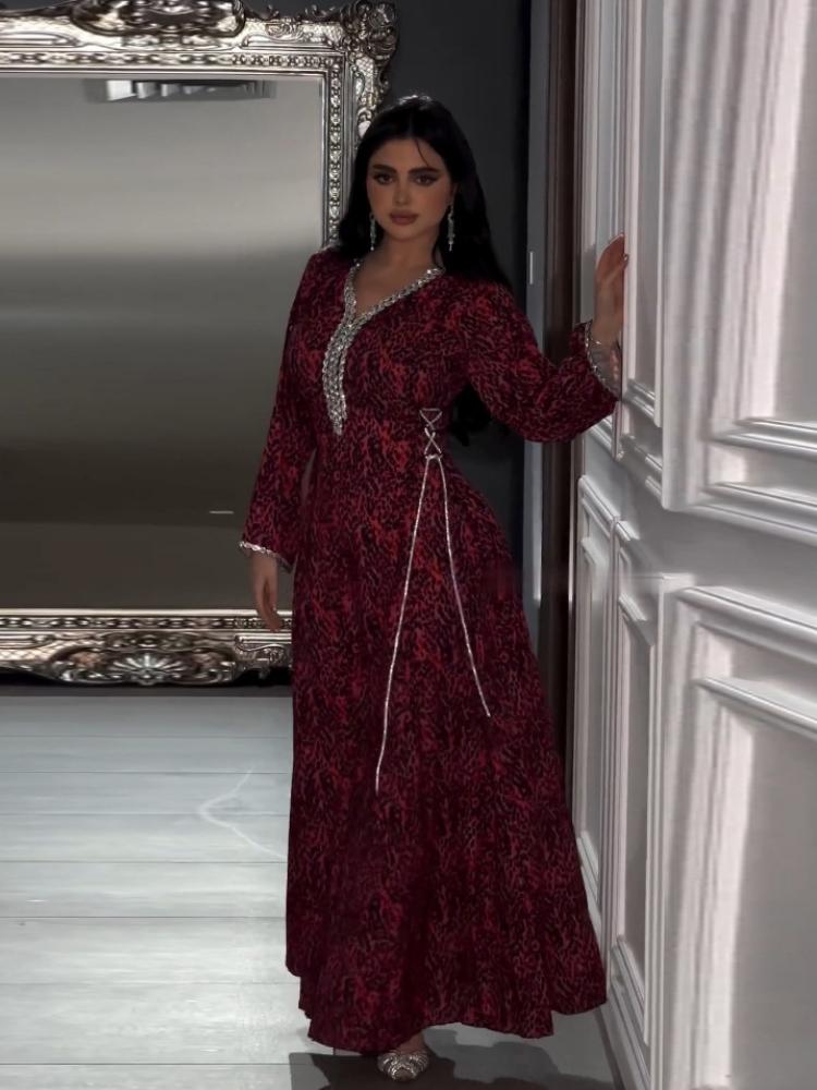 V-Neck Leopard Printed Rhinestones Robe Jalabiya