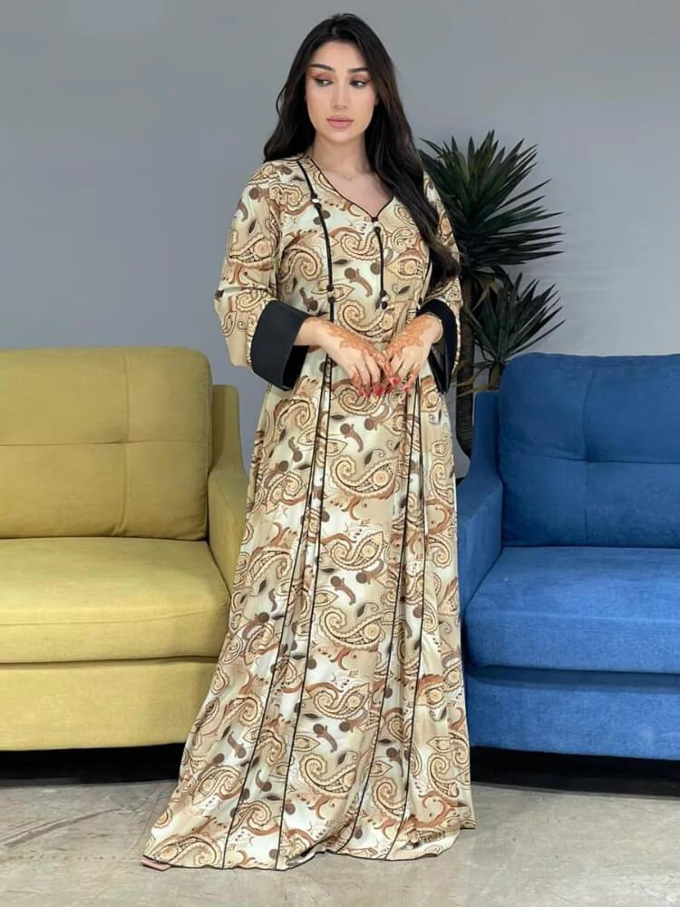 Women's Casual Printed Robe Maxi Dress Jalabiya