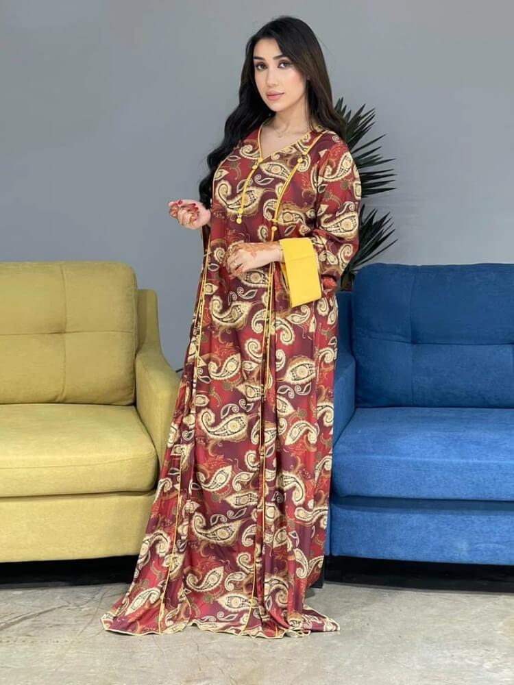 Women's Casual Printed Robe Maxi Dress Jalabiya