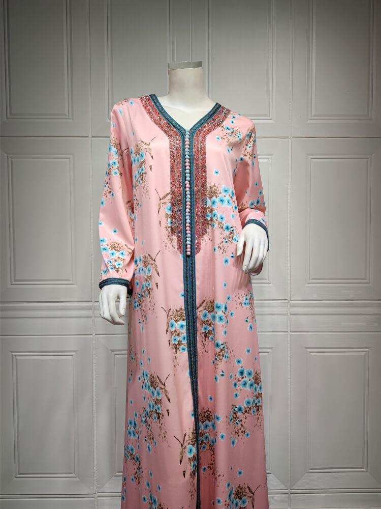 Women's Pink Hot Diamond Print Dress Jalabiya(Without Hijab)