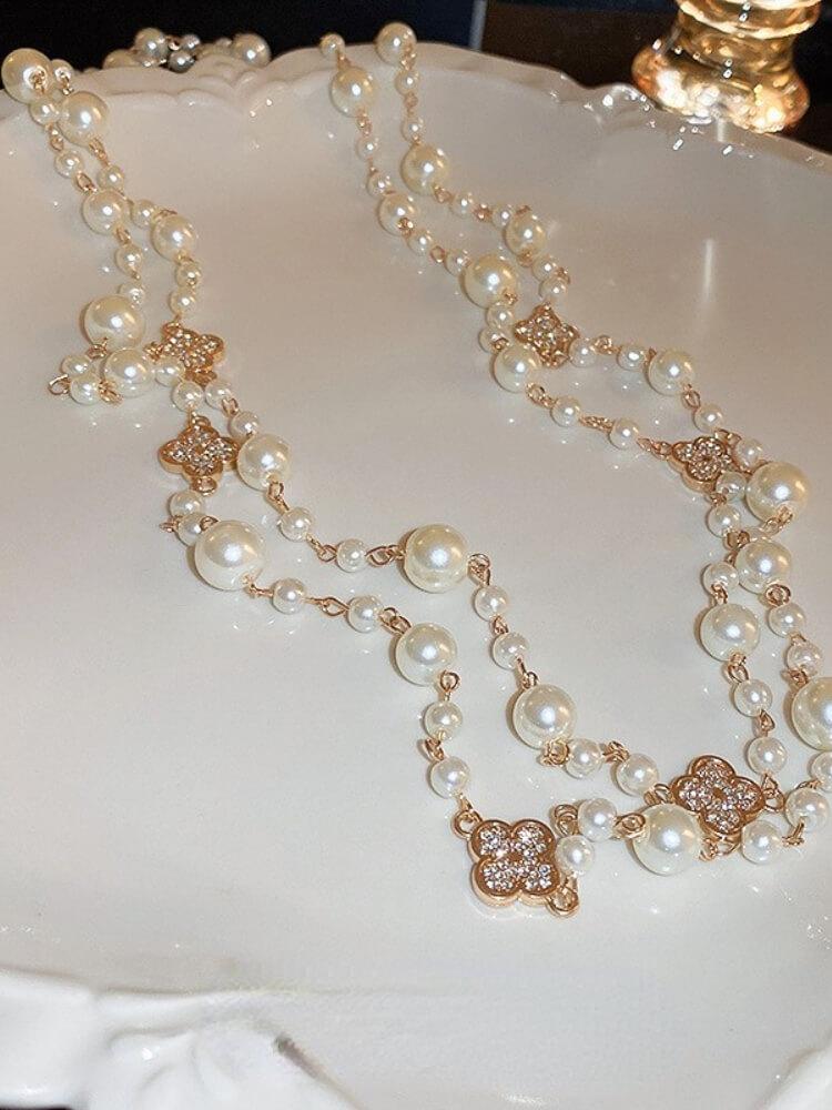 Diamond Flower Pearl Long Necklace