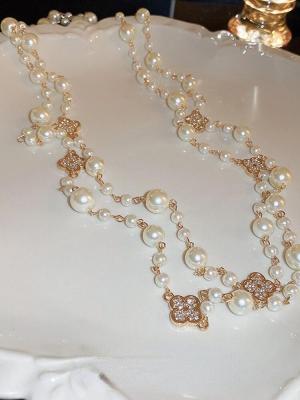 Diamond Flower Pearl Long Necklace