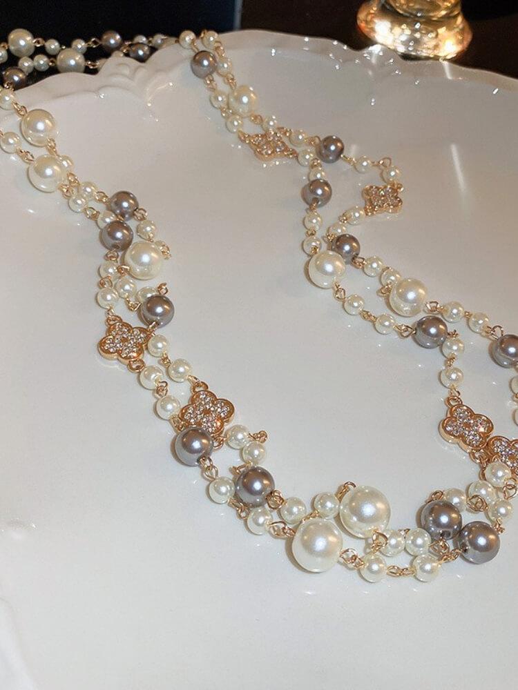 Diamond Flower Pearl Long Necklace