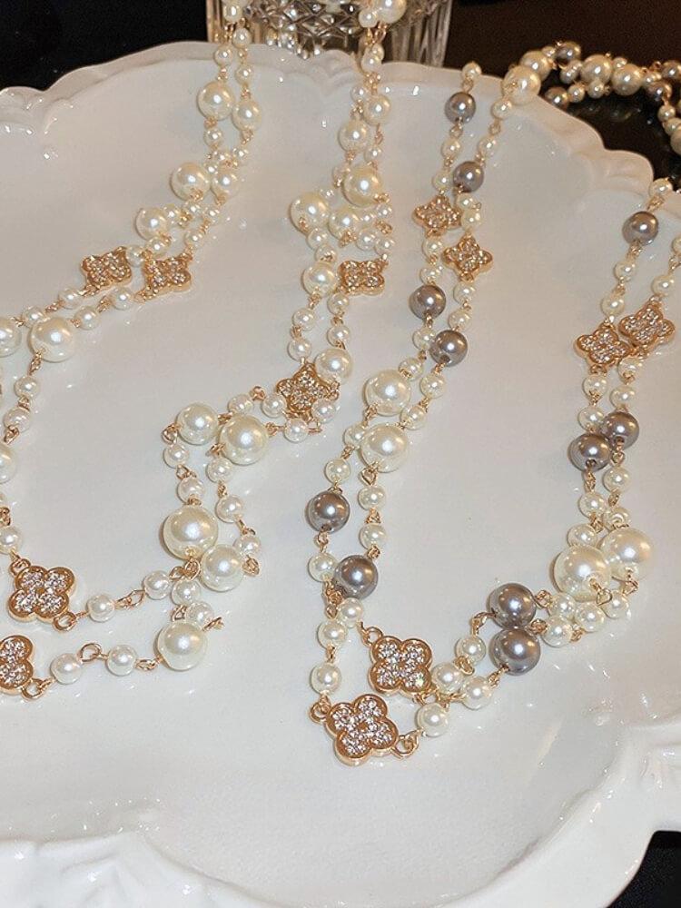 Diamond Flower Pearl Long Necklace