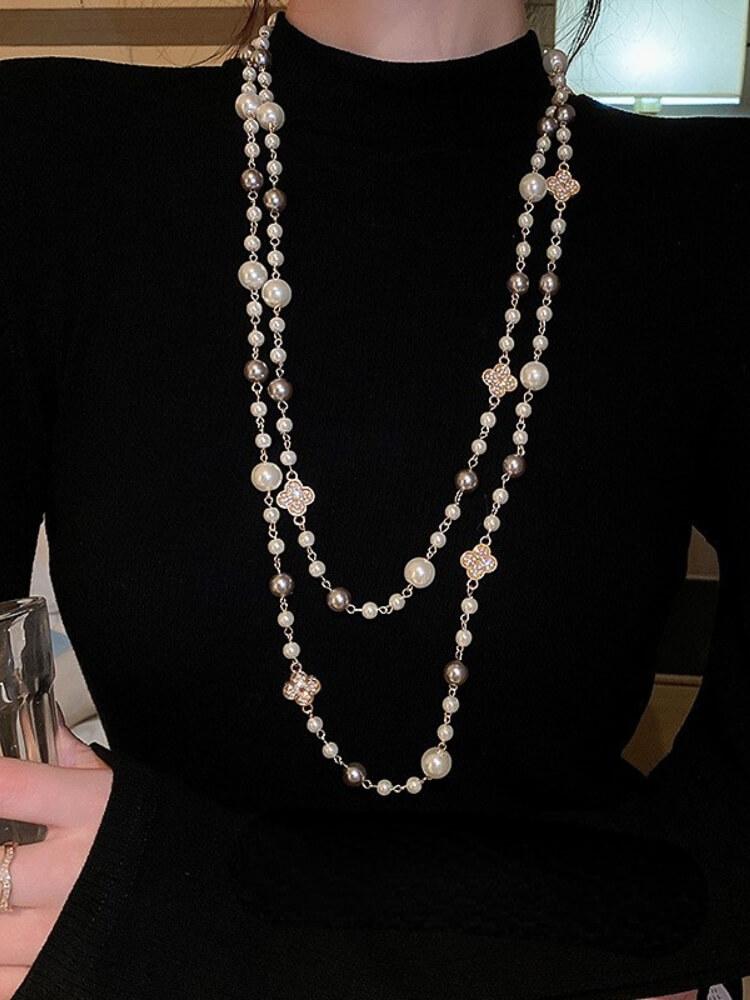 Diamond Flower Pearl Long Necklace