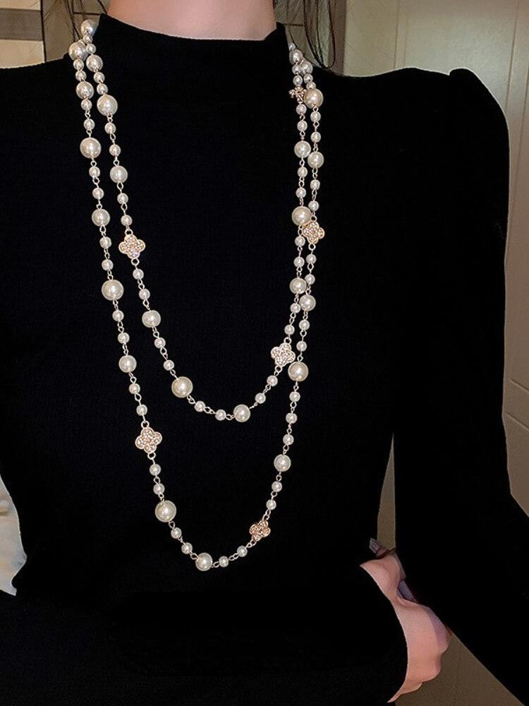 Diamond Flower Pearl Long Necklace