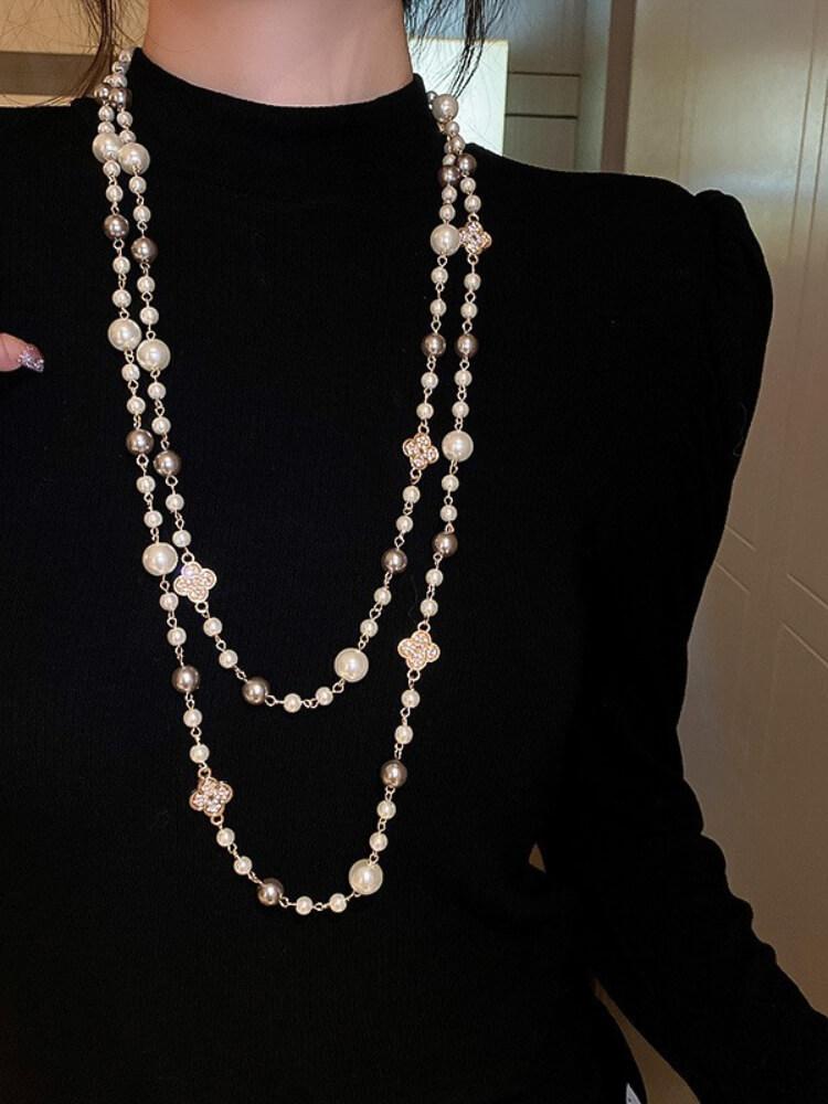 Diamond Flower Pearl Long Necklace