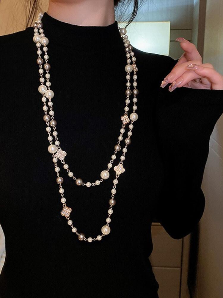 Diamond Flower Pearl Long Necklace