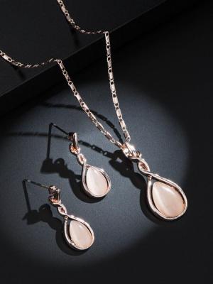 Cat's Eye Stone Water Drop Earrings Necklace Jewelry Set