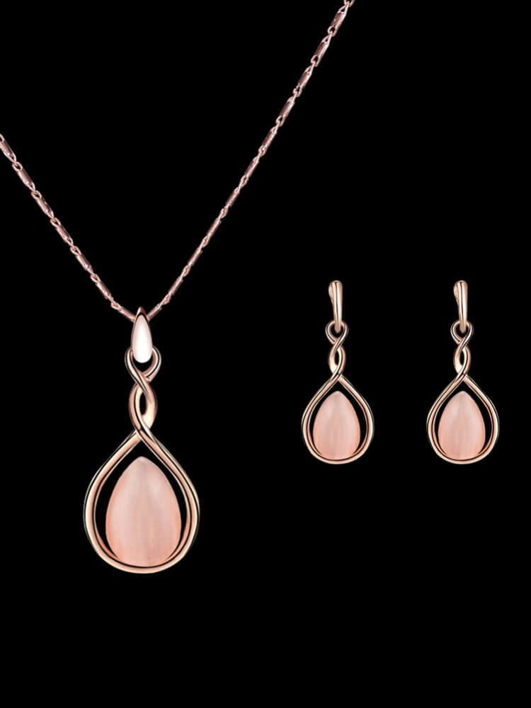 Cat's Eye Stone Water Drop Earrings Necklace Jewelry Set