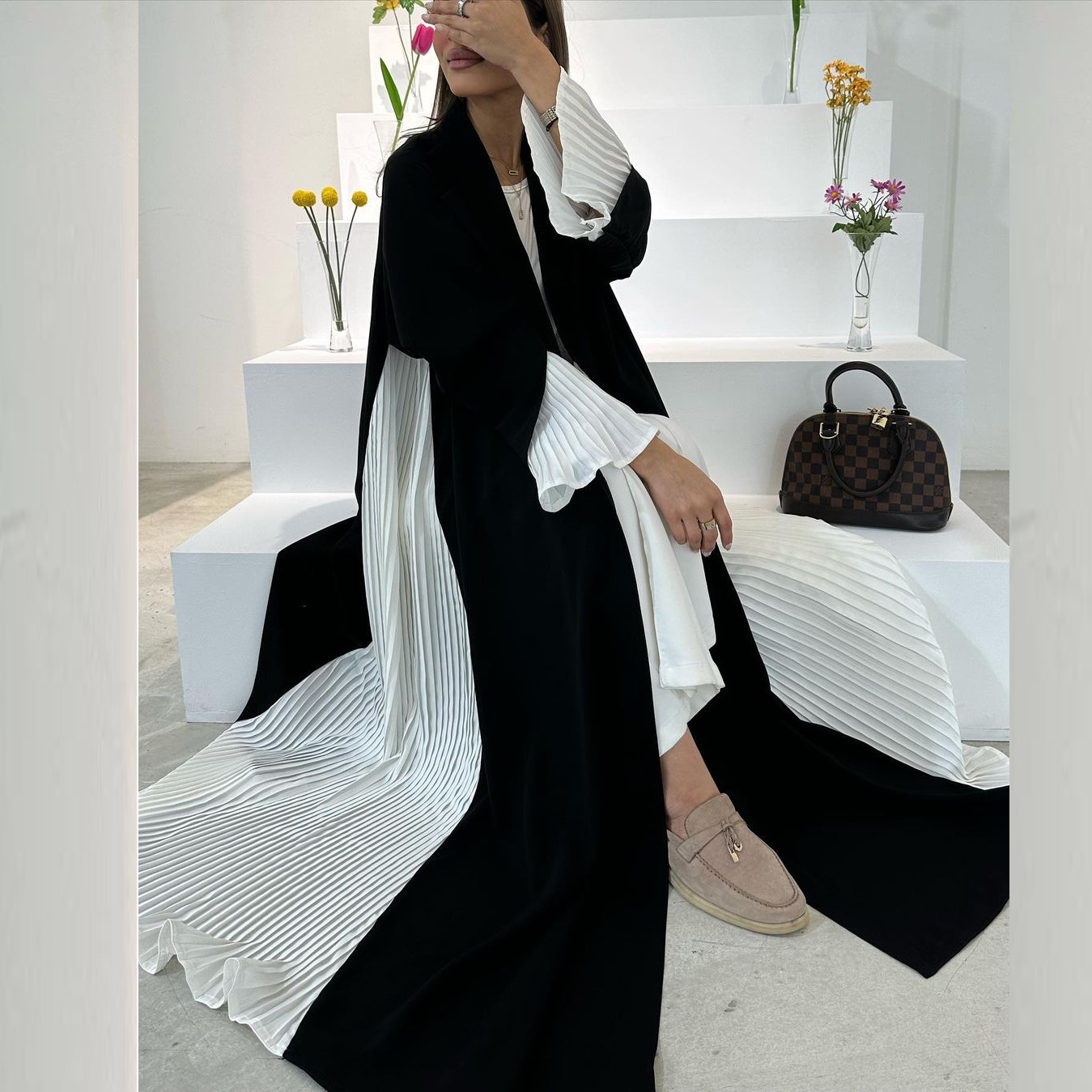 Stylish Pleated Abaya with Open Front Cardigan