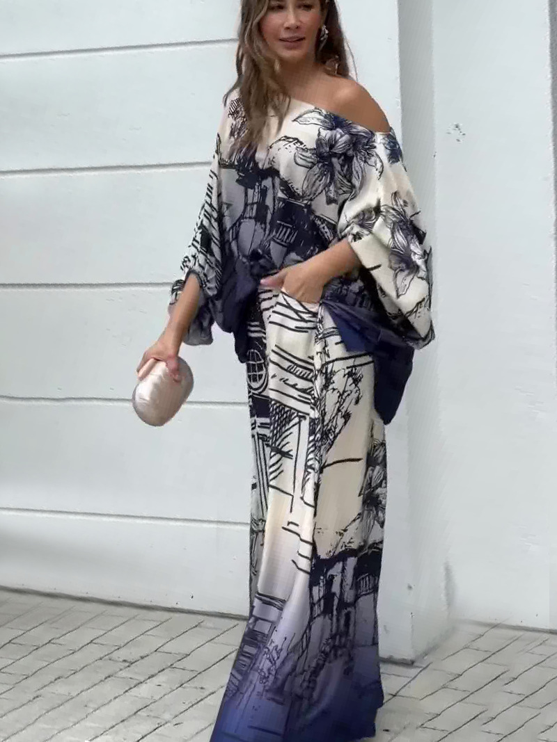 Printed long -sleeved bat shirt wide -leg pants suit