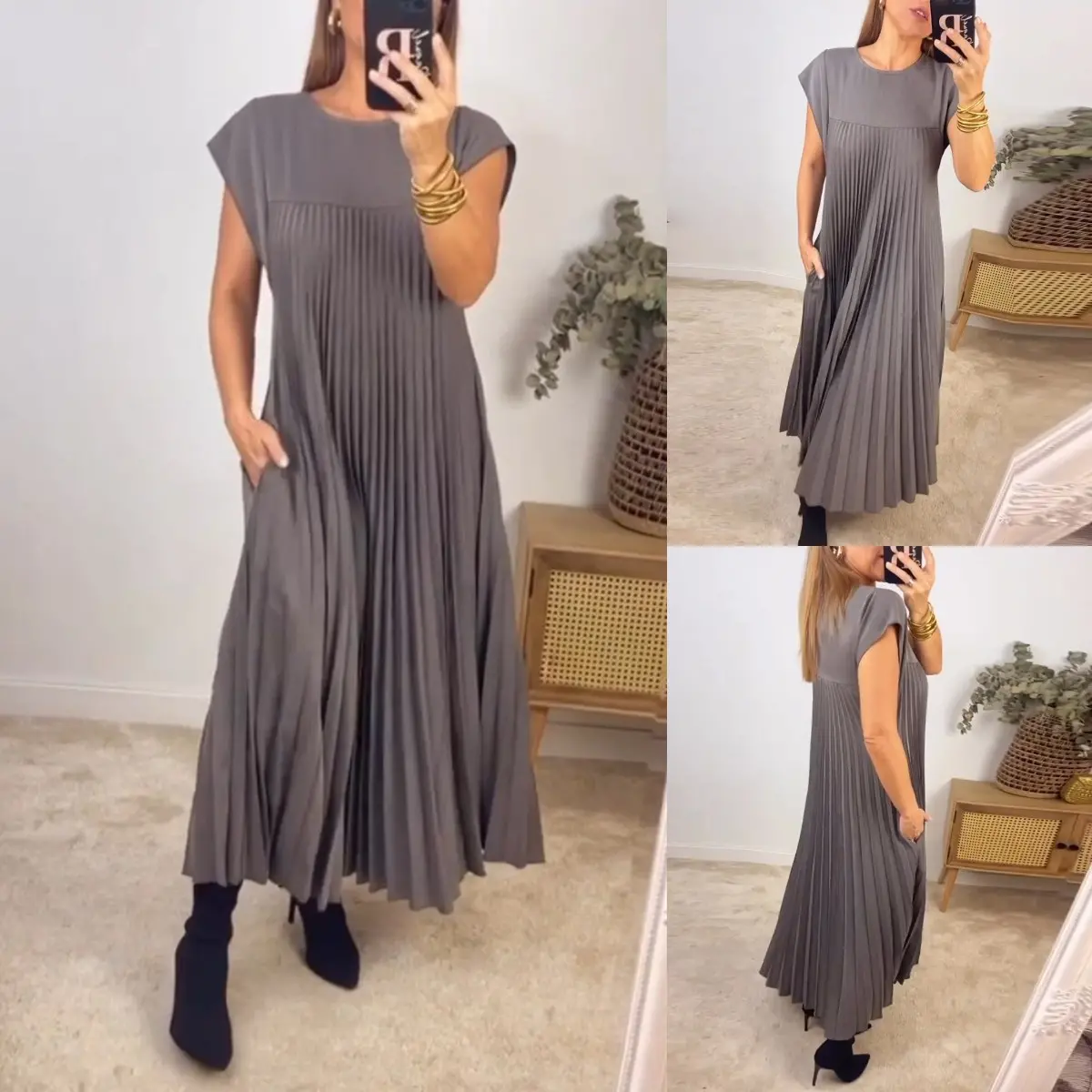 MONOCHROME PLEATED SLEEVELESS DRESS