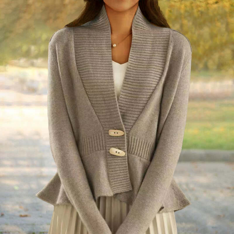 New Autumn Solid Color Retro Knitted Cardigan with V-neck and Ruffled Hem Sweater Jacket