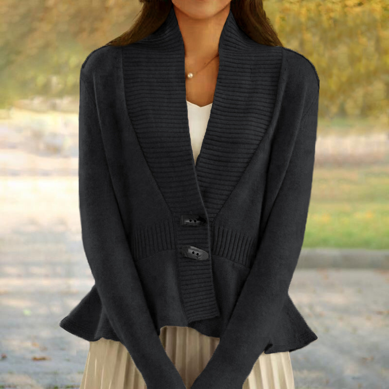 New Autumn Solid Color Retro Knitted Cardigan with V-neck and Ruffled Hem Sweater Jacket
