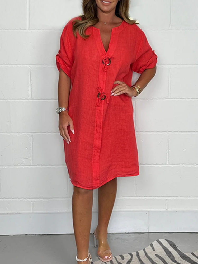 فستان فضفاض بأزرار من القطن والكتان