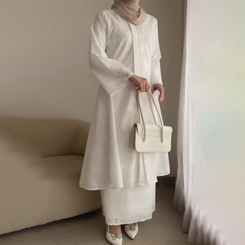 Muslim new stand collar zipper cardigan solid color robe long skirt two-piece set