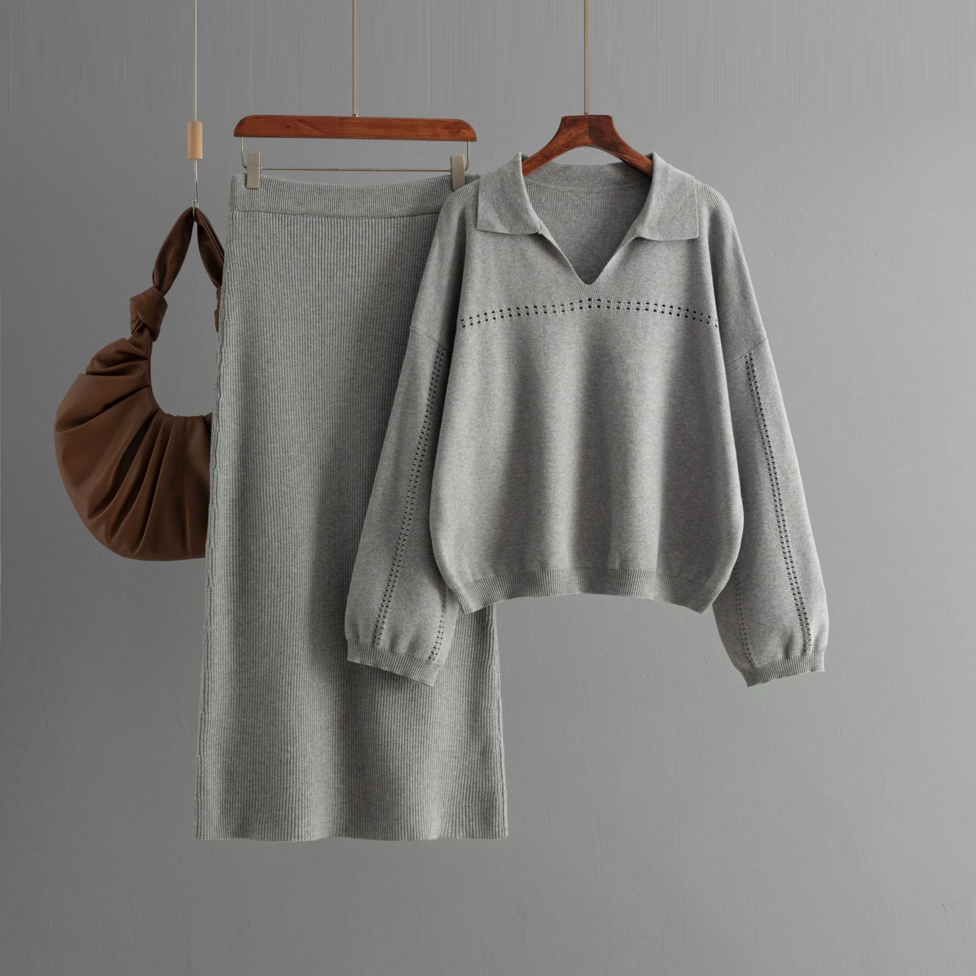 New knitted POLO collar simple hollow solid color loose long skirt suit