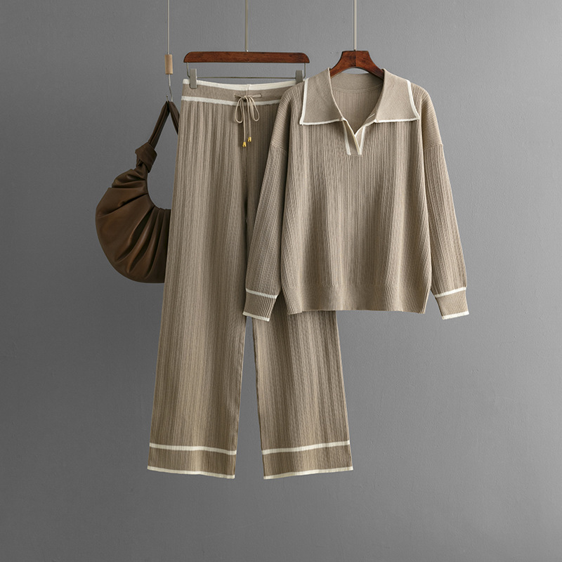 2024 New Lapel Contrast Color Fashion Casual Suit High Waist Slim Knitted Two-piece Set