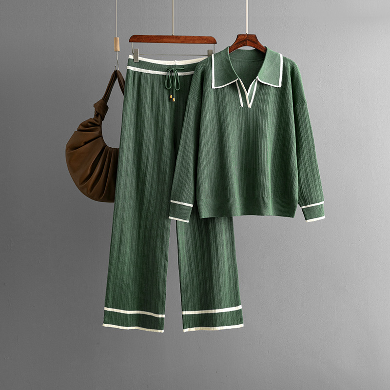 2024 New Lapel Contrast Color Fashion Casual Suit High Waist Slim Knitted Two-piece Set