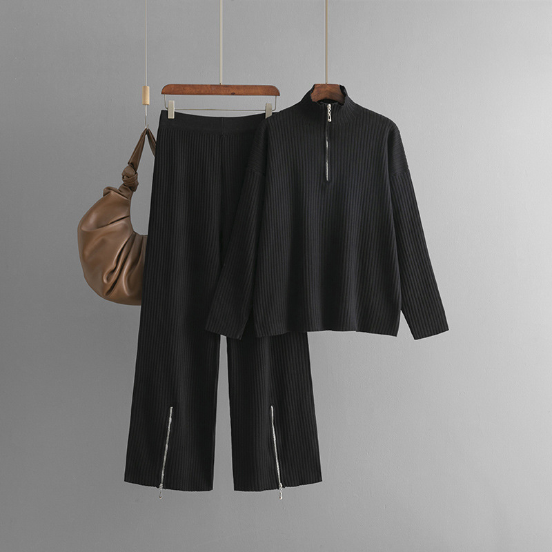 Solid color knitted turtleneck zipper sweater set