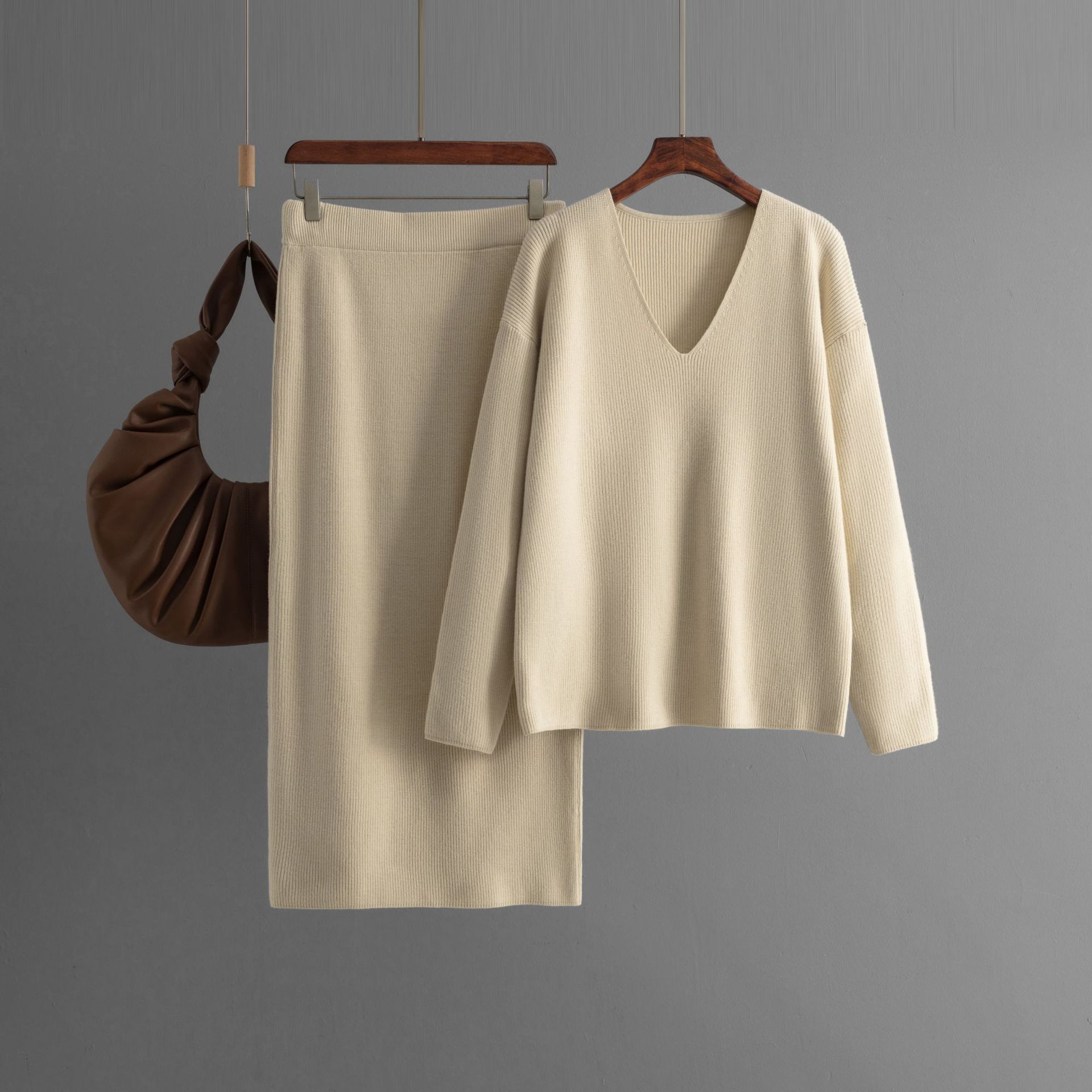 V-neck long-sleeved loose knitted skirt two-piece set