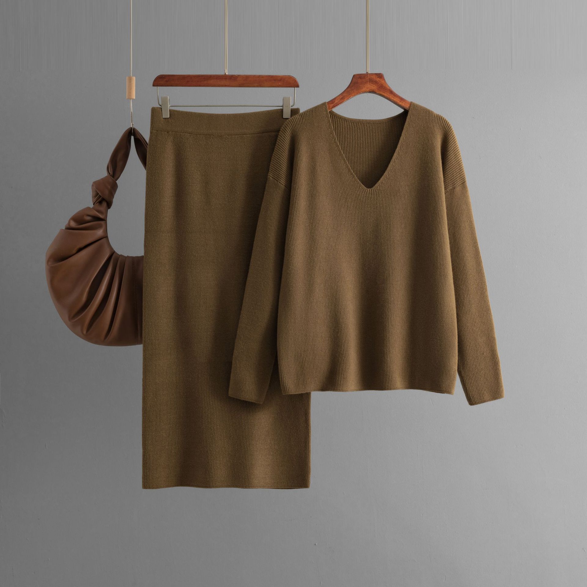 V-neck long-sleeved loose knitted skirt two-piece set